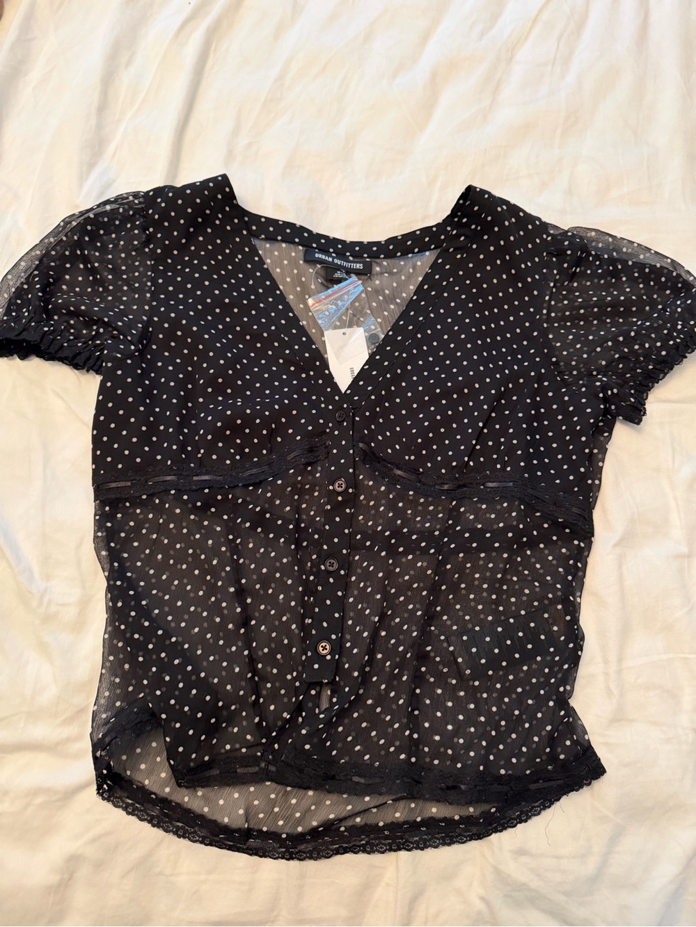 Urban Outfitters Black Sheer Polka Dot Button-Up Blouse